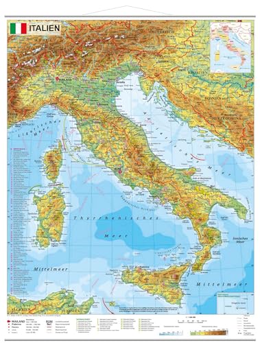 Italien physisch mit UNESCO Welterbestätten und Nationalparks - Wandkarte mit Metallbeleistung NEUE AUFLAGE: mit UNESCO-Welterbestätten und Nationalparks, Kleinformat